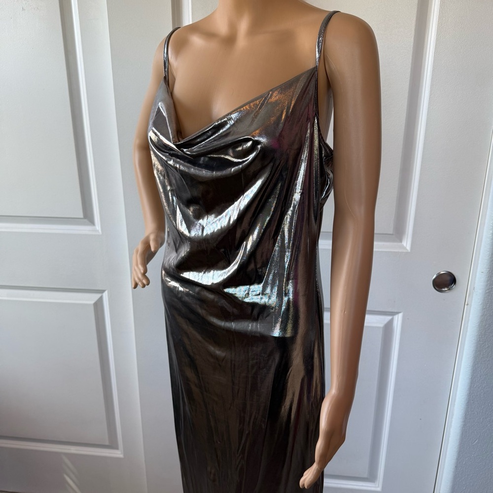 🩶 METALLIC wet look thin SILVER slip dress M L 🩶